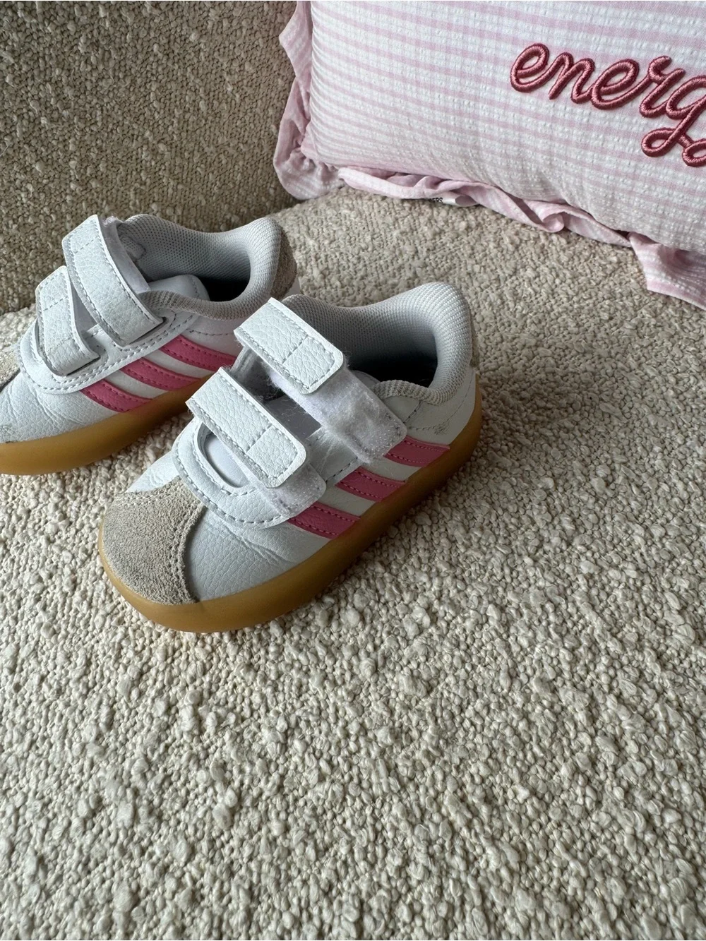 adidas White and Pink Baby Walker Sneakers with Gum Sole